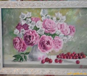"Bouquet of pink peonies" still life canvas, butter, masterkin, baguette