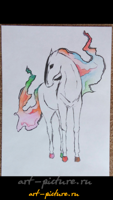 "Лошадь" черная ручка, цветные акварельные карандаши, акварельный лист