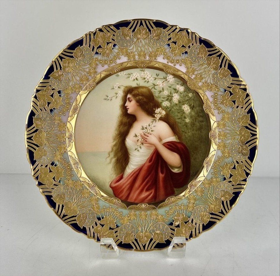 Royal Vienna Porcelain , ROYAL VIENNA JEWELED PORTRAIT PLATE SIGNED WAGNER