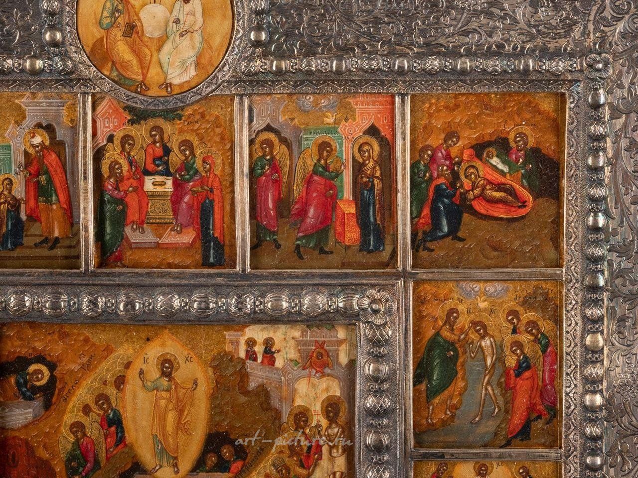 Русское серебро , Подписанная икона Воскресения с 16 праздниками и позолоченной рамой