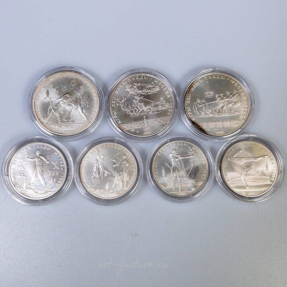 Русское серебро , Монеты СССР. Комплект из 5 монет Московской Олимпиады 1980 года + медали