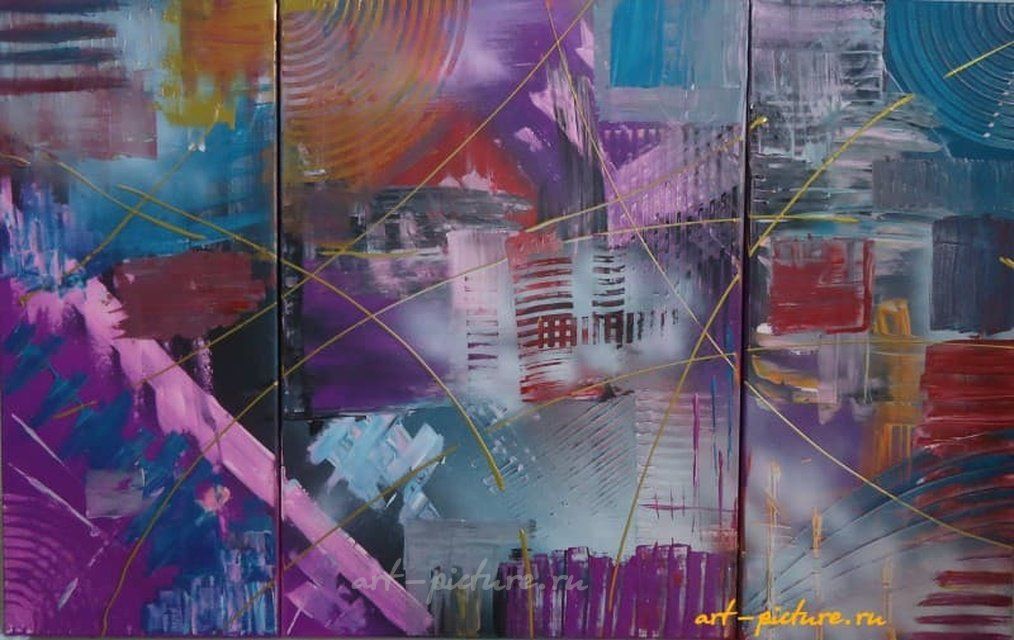 Magic city Модульный холст (2х 30х70, 1х 50х70), акрил, абстракционизм