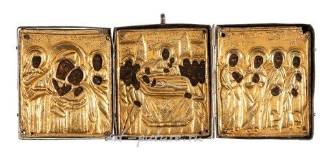Russian silver, A SMALL TRIPTYCH SHOWING THE DORMITION OF THE MOTHER OF GOD