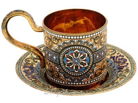 Russian silver, RUSSIAN SILVER CLOISONNE ENAMEL CUP AND SAUCER