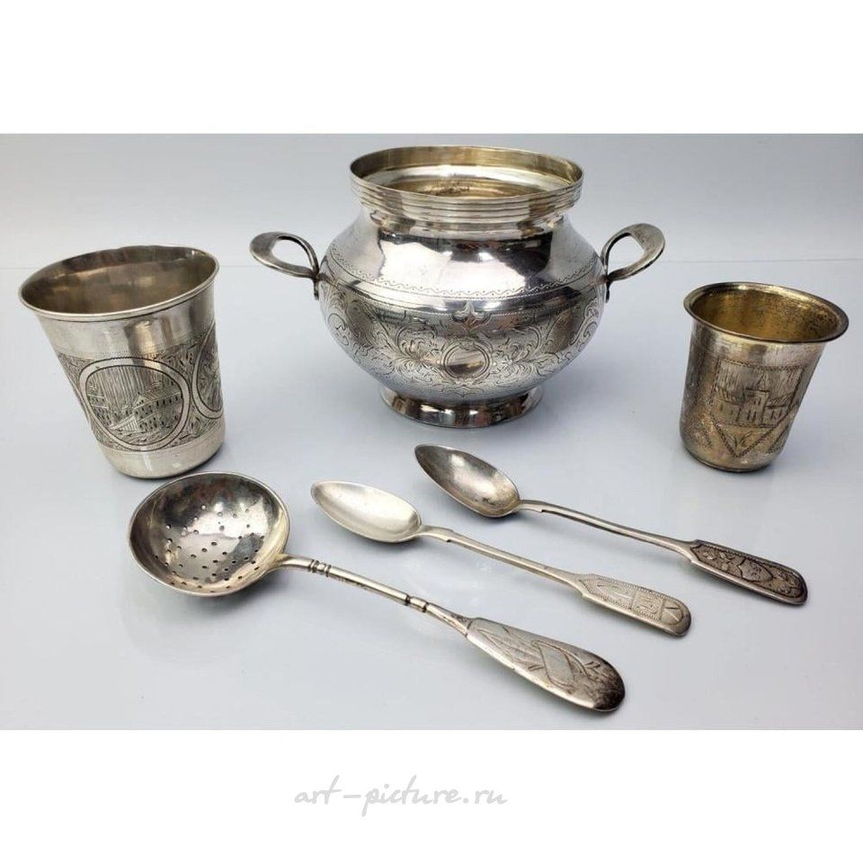 Русское серебро , 6 предметов антикварной русской серебряной посуды