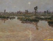 Twilight in the swamp.Moon.Canvas, oil.42 x 68 cm.