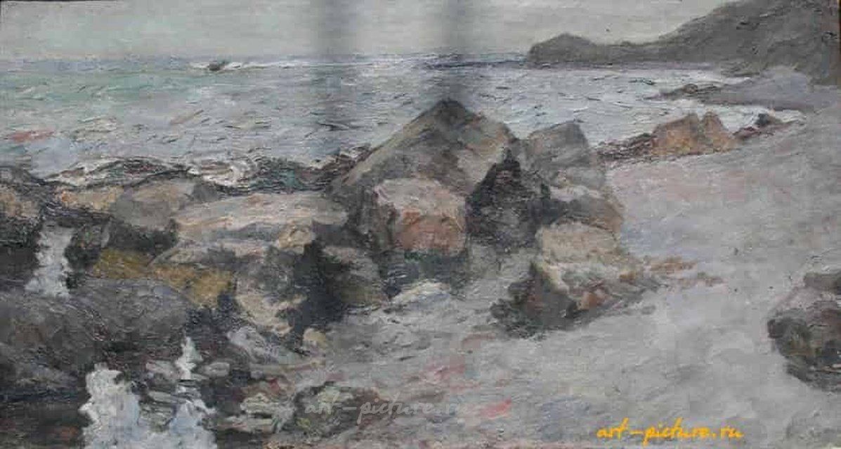 Камни на берегу моря. Холст, масло. 44 х 80 см