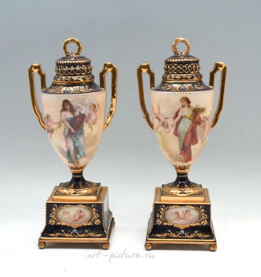 Royal Vienna Porcelain , PR. ROYAL VIENNA STYLE URNS W/ SCONCES