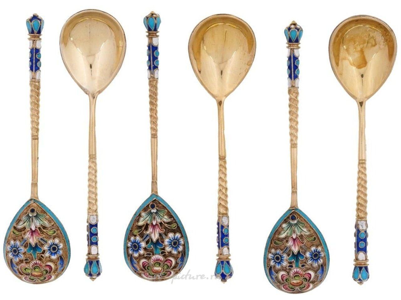 Russian silver , RUSSIAN GILT SILVER CLOISONNE ENAMEL SPOONS SET