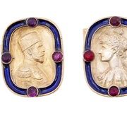 Золоченые серебряные запонки с изображением Николая II и Александры