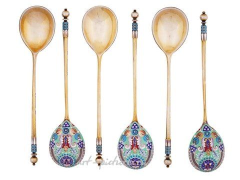 Russian silver, RUSSIAN GILT SILVER CLOISONNE ENAMEL TEA SPOONS