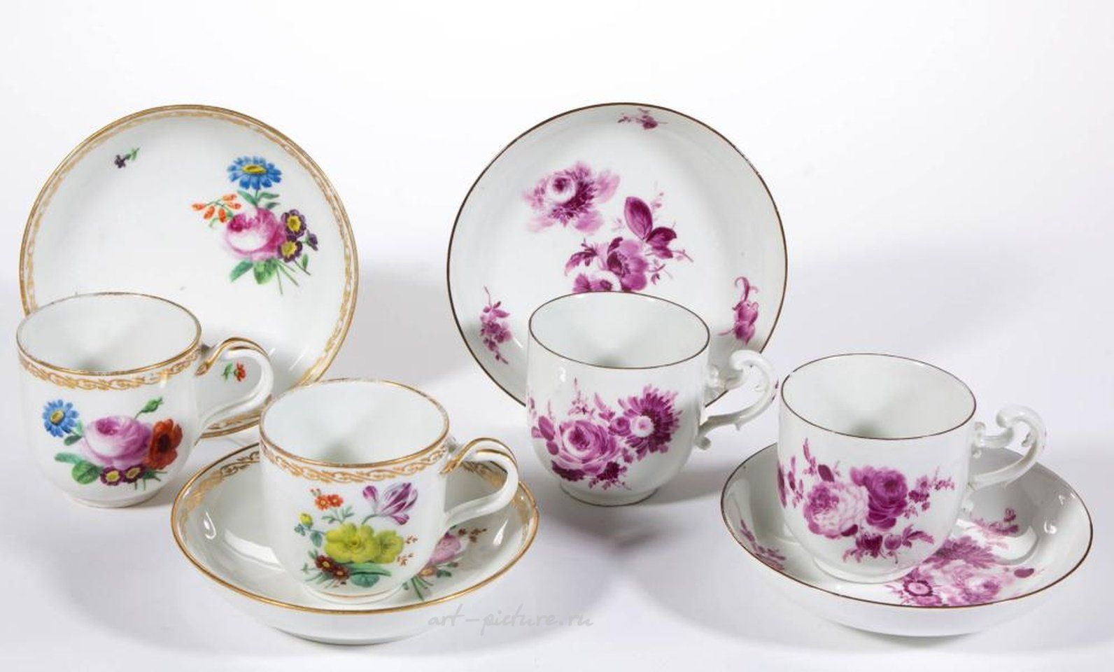 Royal Vienna Porcelain , ASSORTED HAND-PAINTED PORCELAIN CUP AND SAUCER SETS, LOT OF ...