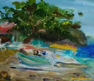 Boats on the shore.Bali oil, canvas