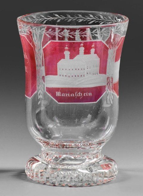 Хрустальный стакан богемской огранки с гравировкой и видом Теплице, датированный 1842 годом