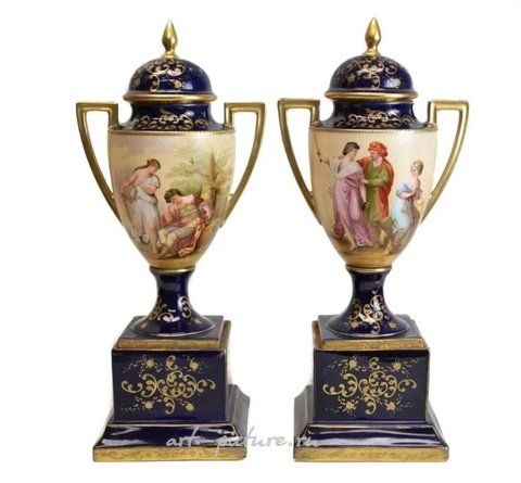 Royal Vienna Porcelain, Royal Vienna Austria Double Handled Urns, c1900. Signed