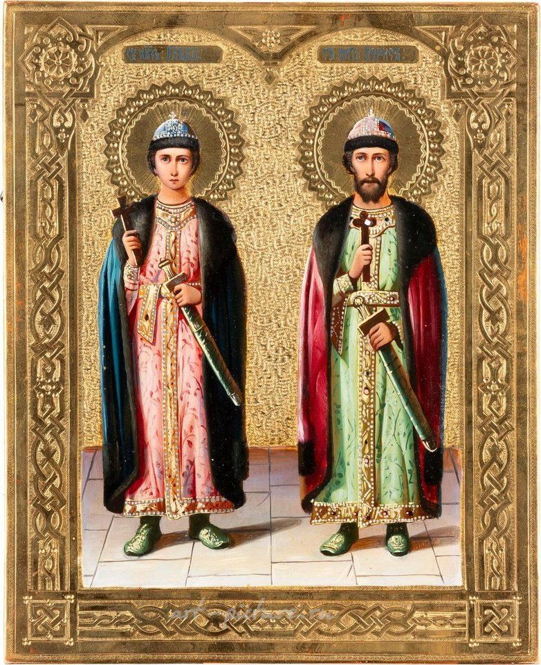 Русское серебро , Маленькая икона, изображающая святых Бориса и Глеба. Россия, около 190 года.