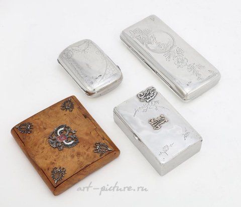 Russian silver, A five piece group of silverplate and metalware mounted barware...
