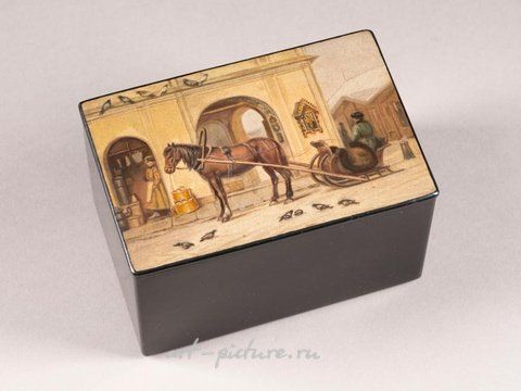 Русское серебро, Шкатулка из папье-маше и лака с изображением лошадок, тянущих сани
