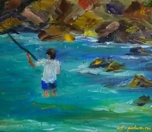 Fishing.Bali oil, canvas
