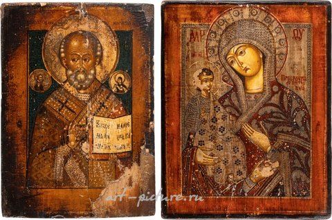 Russian silver, TWO ICONS SHOWING ST. NICHOLAS OF MYRA AND THE THREE-HANDED