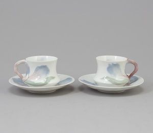 Porcelain coffee pairs with irises.Modern.Manual underglaze painting.Sweden, Rörsstrand