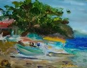 Boats on the shore.Bali oil, canvas
