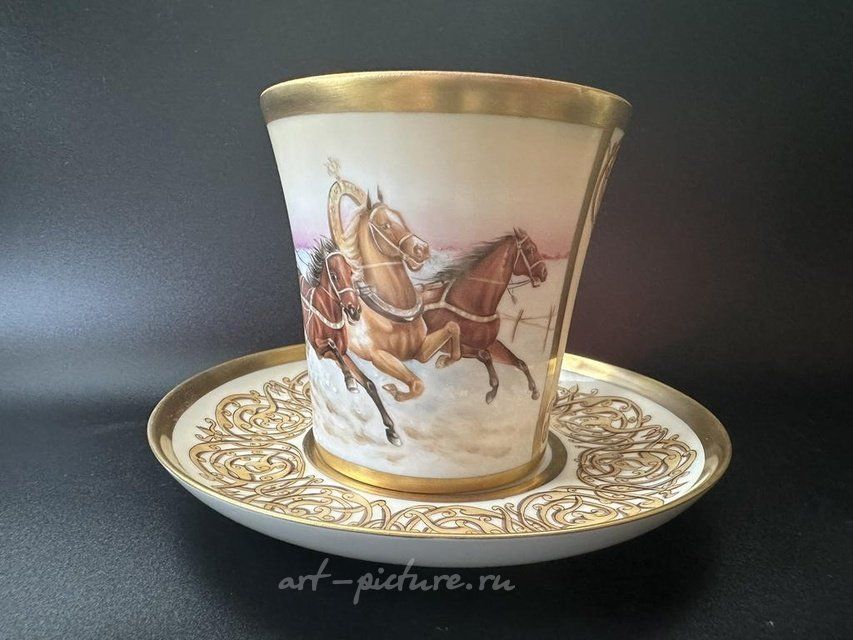 Tea cup set "Russian Troika." By Brytsitskaya. Porcelain, hand-painted, gilding, cirography.