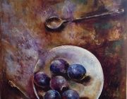 Blue fruits on a white plate canvas/oil