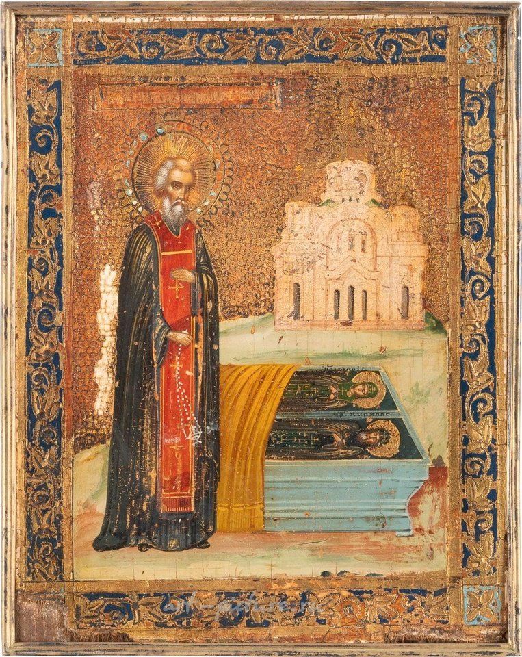 Russian silver , TWO ICONS SHOWING ST. SERGEY AT THE TOMB OF HIS PARENTS WITH