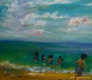 Bathing of children.Bali oil, canvas