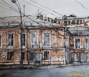 "Moscow streets" watercolor, mascara, white, paper