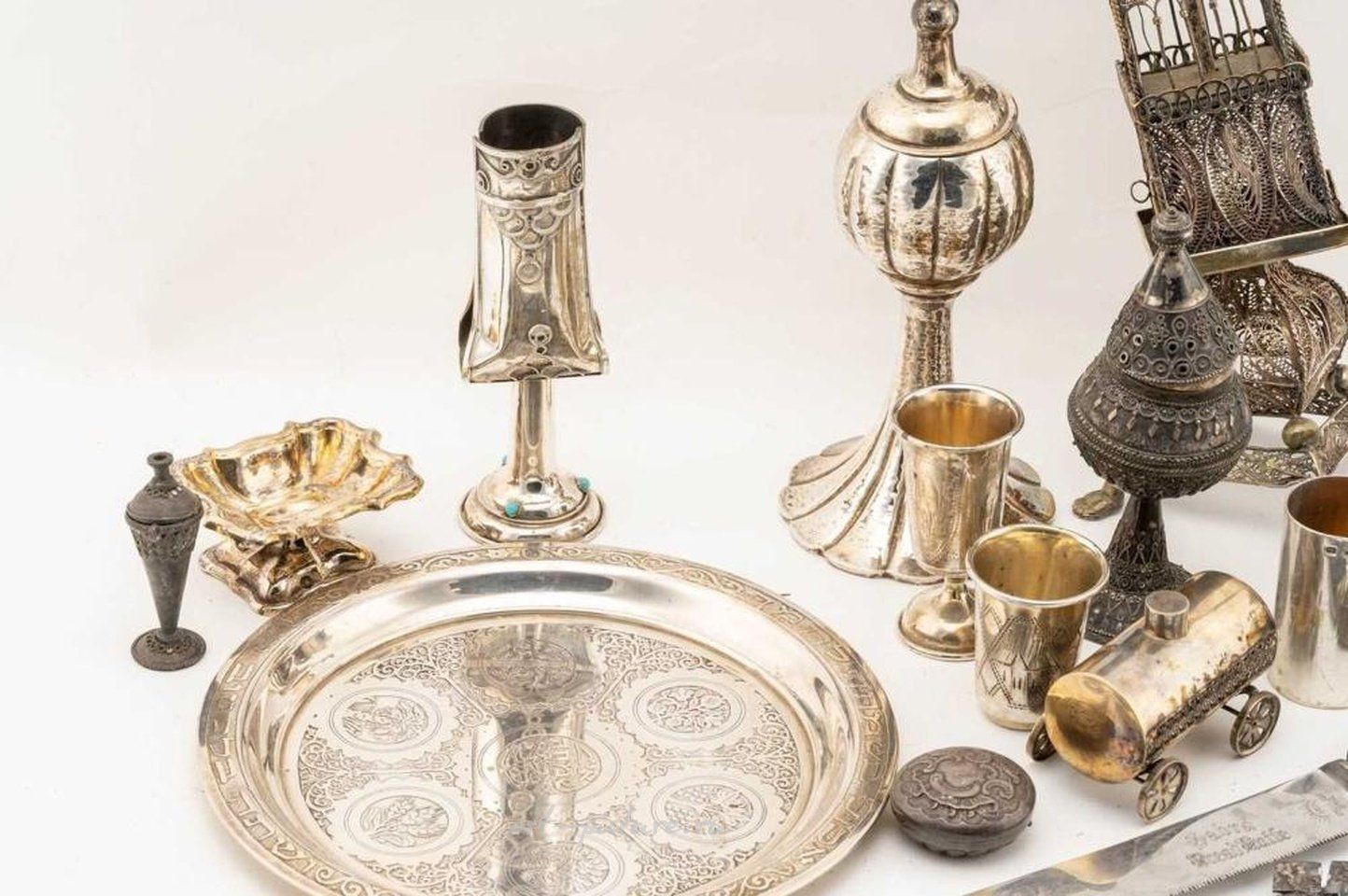 Russian silver , Of Judaica interest; Six turquoise-set kiddish cups, a possible...