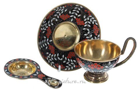 Russian silver, Russian silver gilt and cloisonné tea cup and saucer, decorated...