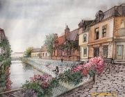 European watercolor embankment, Liner, paper