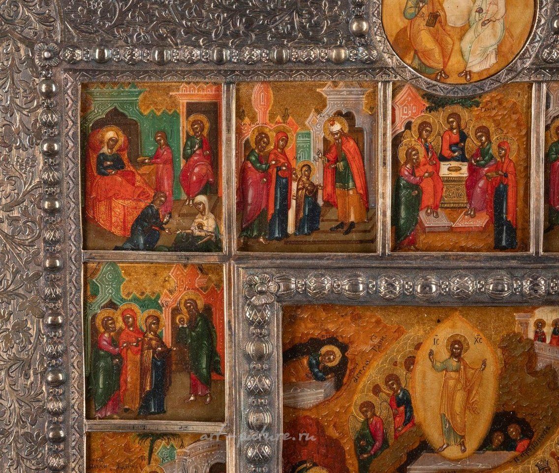 Русское серебро , Подписанная икона Воскресения с 16 праздниками и позолоченной рамой