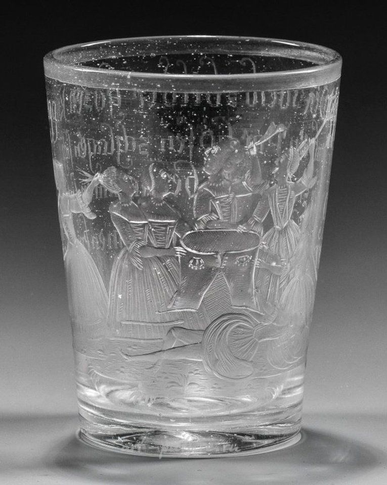 Rare Bohemian Baroque goblet with satirical scene