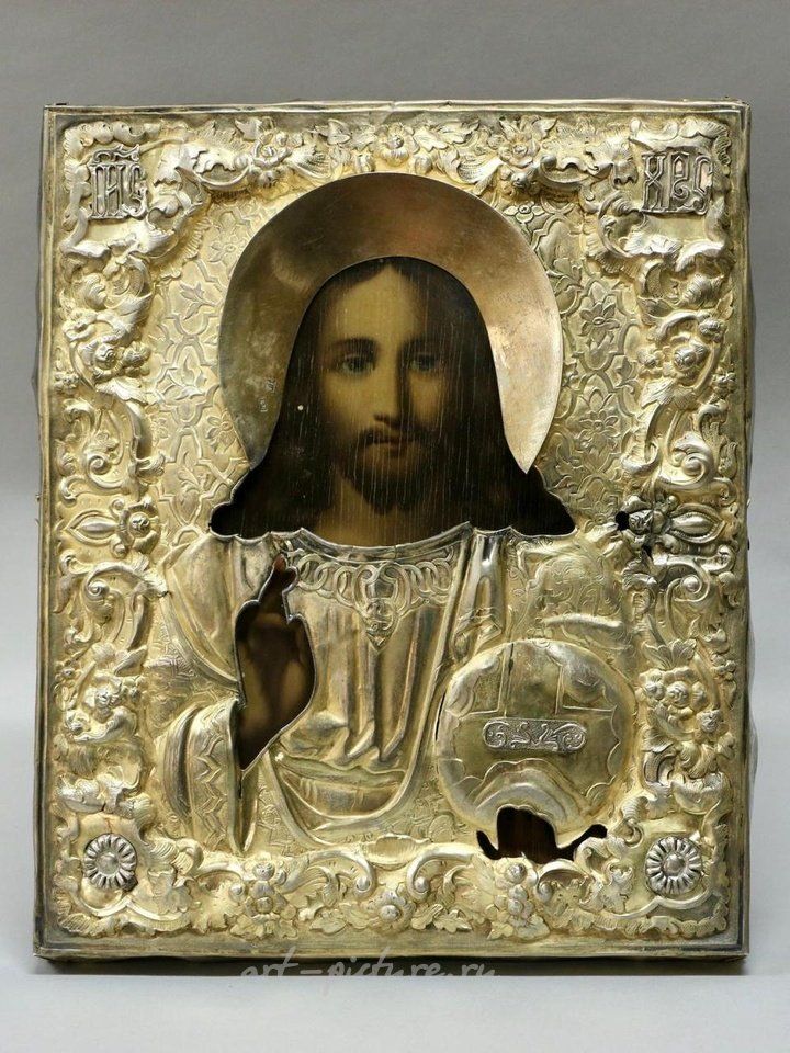 Russian silver , A RUSSIAN ORTHODOX ICON OF CHRIST PANTOKRATOR IN SILVER RIZA...