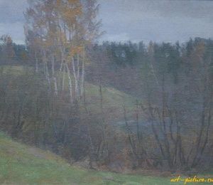 Landscape with birch.Cardboard, oil.33 x 43 cm