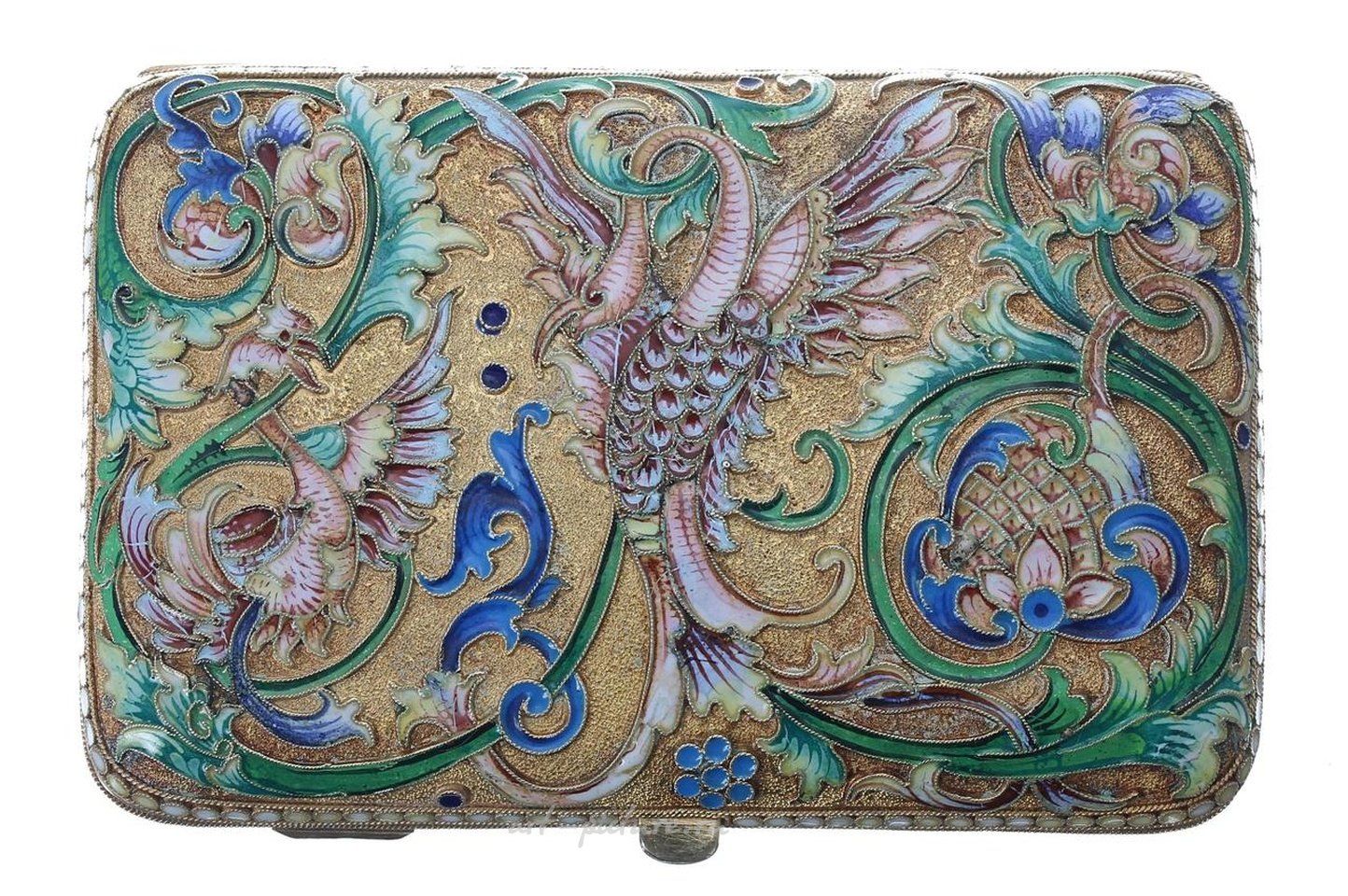 Russian silver , Fine Russian silver-gilt cloisonne and plique a jour cigarette case.