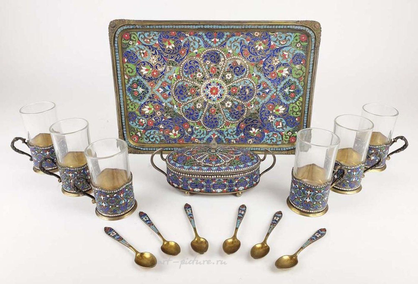 Russian silver , MAGNIFICENT 19TH C. RUSSIAN ENAMEL & 84 SILVER TEA SET