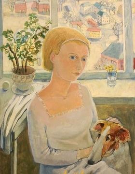 buy The translation of the text "Девушка с собакой масло, холст" into English is "Girl with a dog oil, canvas."