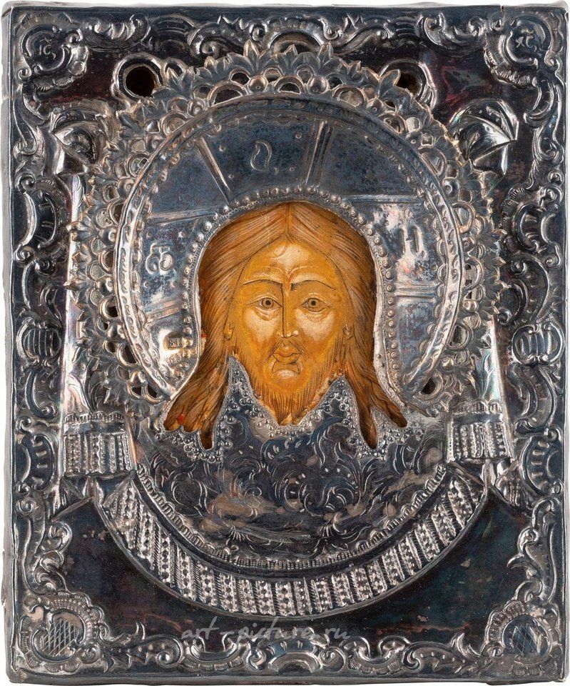Русское серебро , Маленькая икона с изображением Мандилиона в серебряном окладе.