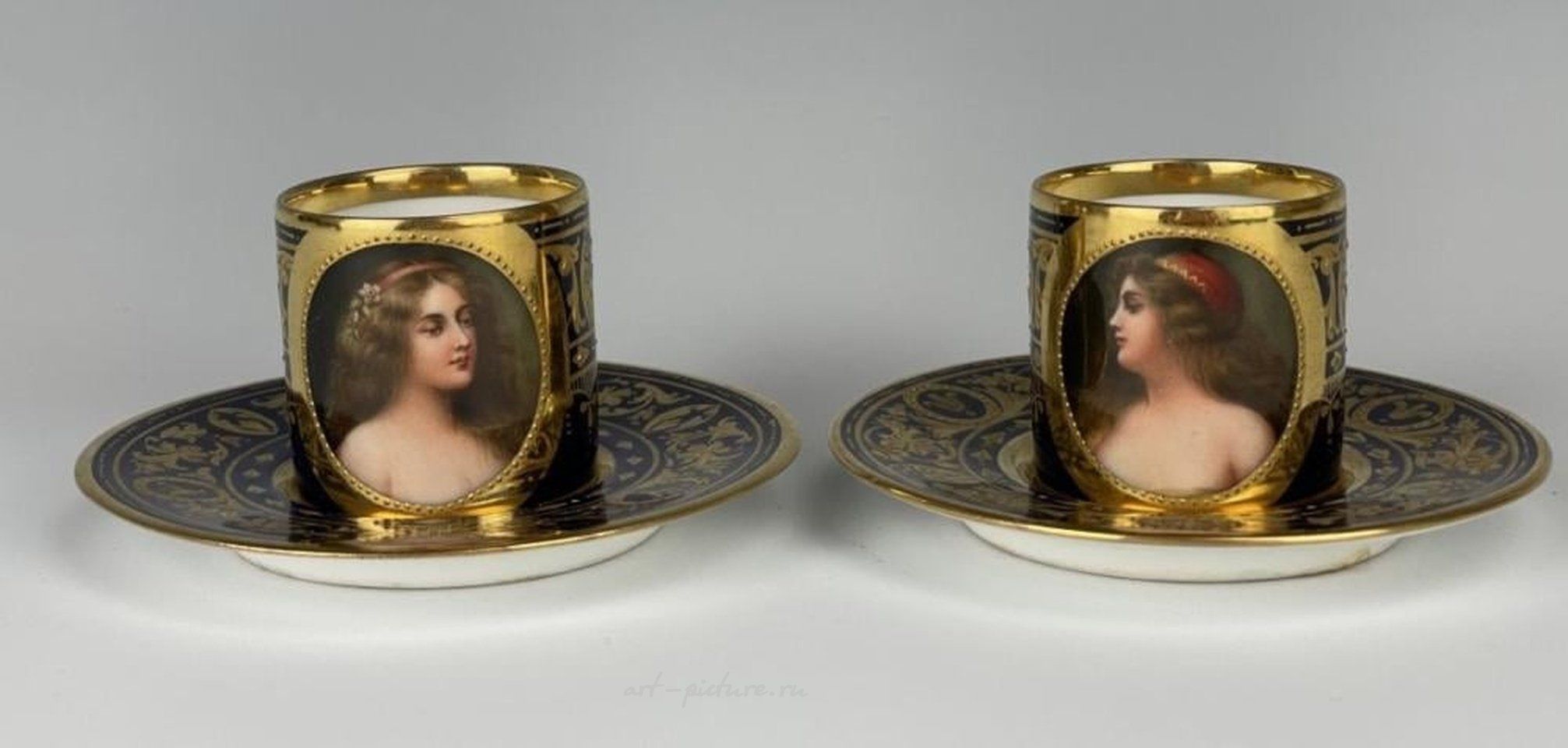 Royal Vienna Porcelain , PAIR OF ROYAL VIENNA PORTRAIT DEMI-TASSE CUP AND SAUCER