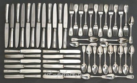 Russian silver, 53 pieces of Russian table cutlery thread pattern with plastic...