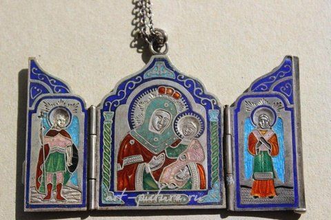 Russian silver, Faberge enameled silver iconostasis, IVERSKAYA Mother of God, ...