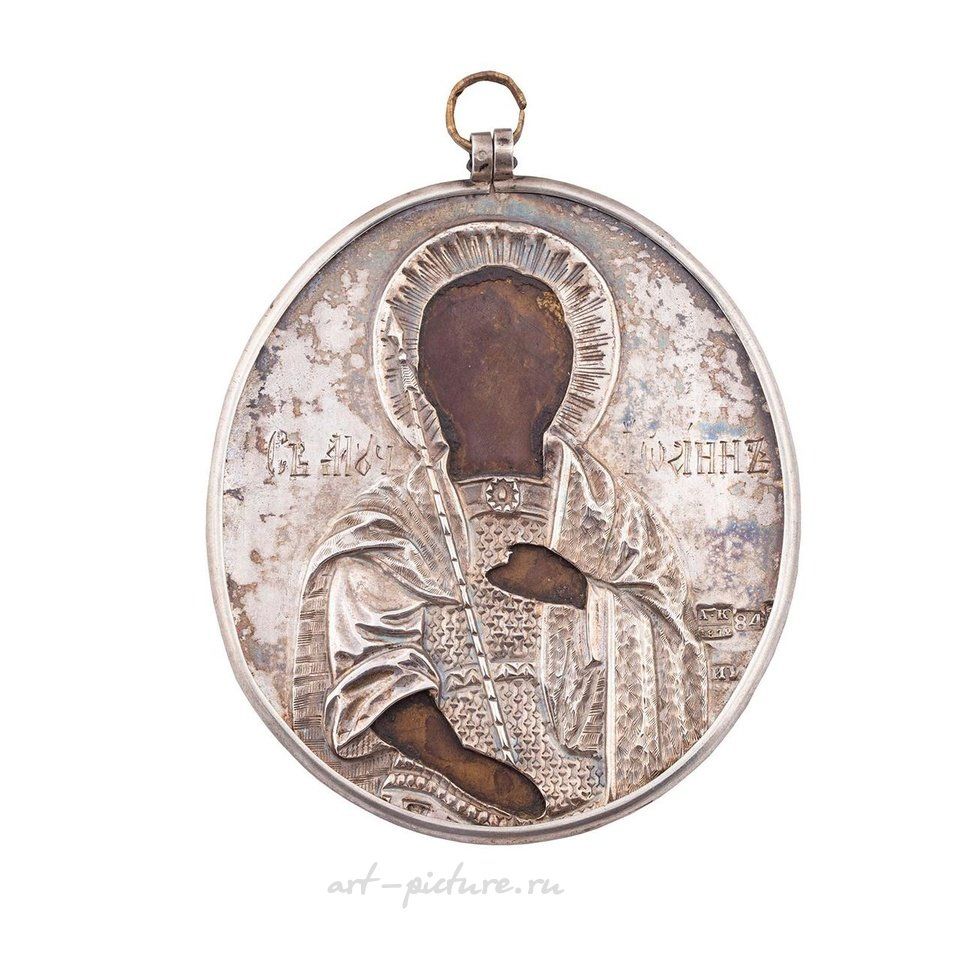 Русское серебро , Русская путевая икона в серебряной ризе с Деесисом и святым мучеником Иоанном.