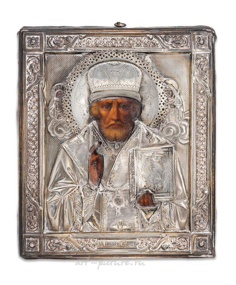 Russian silver , ICON DEPICTING SAINT NICHOLAS WITH SILVER RIZA, MOSCOW, 18...