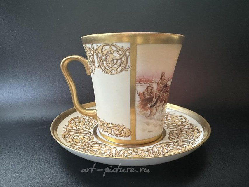 Tea cup set "Russian Troika." By Brytsitskaya. Porcelain, hand-painted, gilding, cirography.