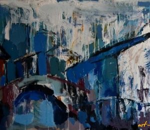 City landscape oil on fiberboard