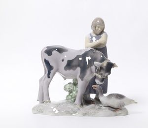 Girl with a cow and goose